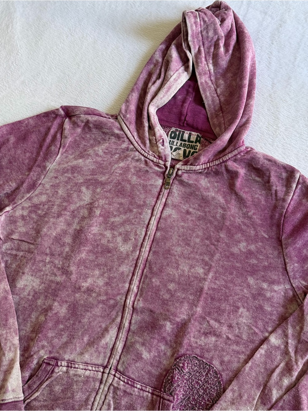 Billabong Pink Acid Wash Surfer Patch Detail Zip Up Hoodie Women's XL Y2K S